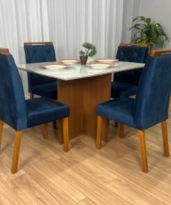 Mesa de Jantar Helo 1.20x0.80 Com 4 Cadeiras - Mel/Off White/Azul Veludo