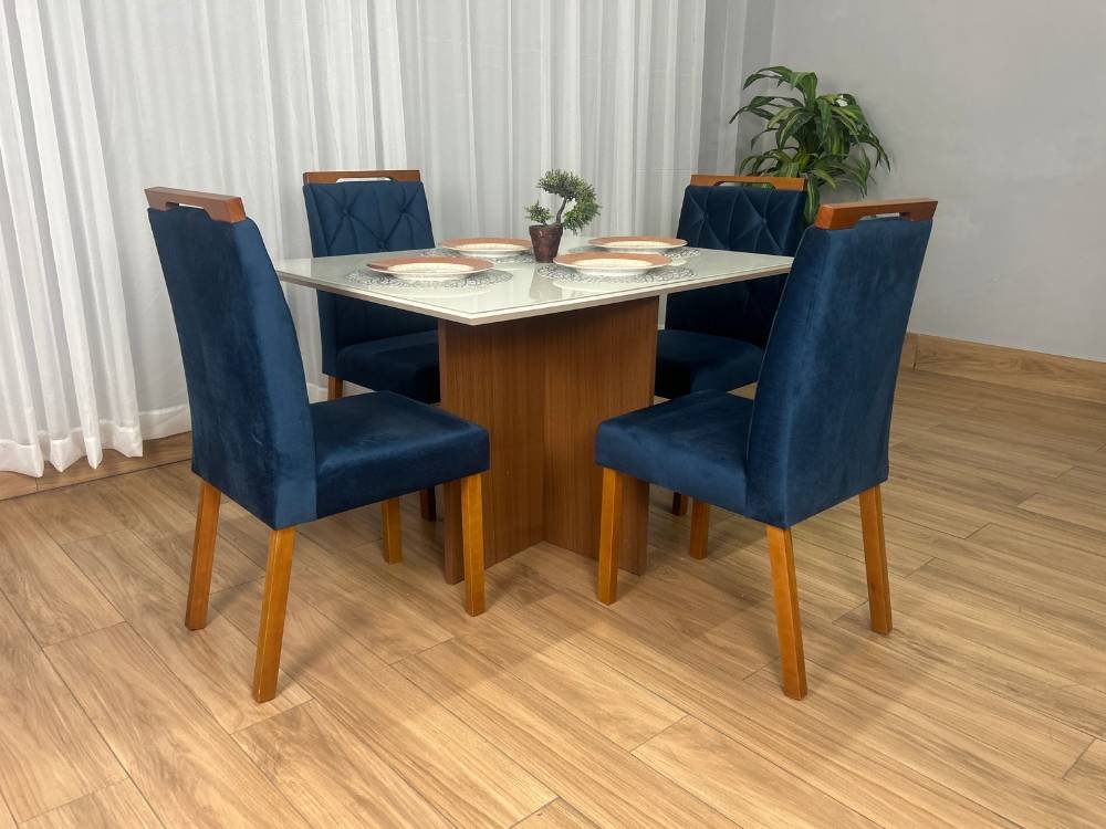 Mesa de Jantar Helo 1.20x0.80 Com 4 Cadeiras - Mel/Off White/Azul Veludo