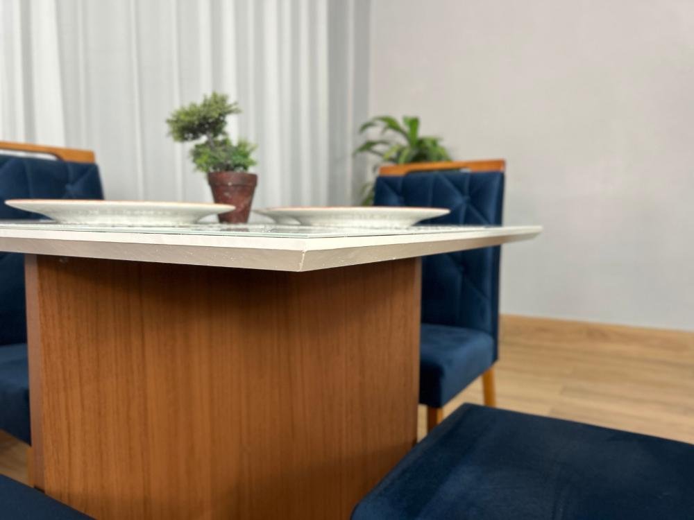 Mesa de Jantar Helo 0.90x0.90 Com 4 Cadeiras Jasmim - Mel/Off White/Azul Veludo - Imagem 7
