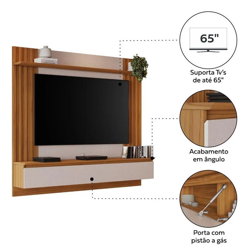 Painel NT 1365 Larg. 1.60m Off/Freijó C/ Detalhe Ripado para TV até 65" - Notável - Imagem 3