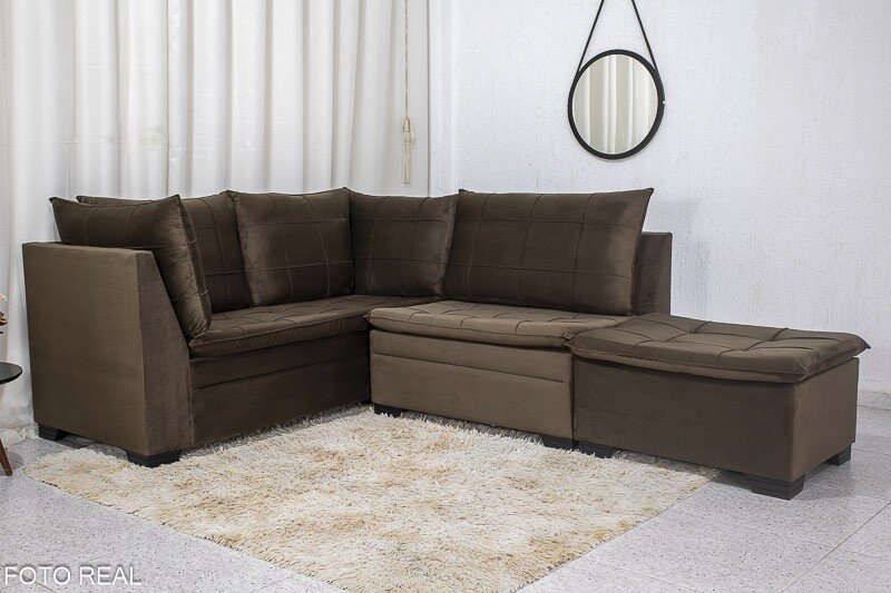 Sofá Canto 5 lugares com Puff Viena Veludo Marrom A17 - Imagem 3