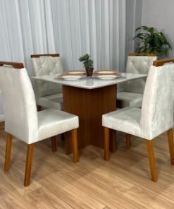 Mesa de Jantar Helo 0.90x0.90 Com 4 Cadeiras Jasmim - Mel/Off White/Bege Veludo
