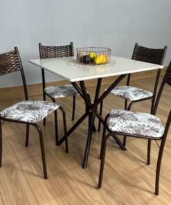 Conjunto Mesa Tubular Macaé Tampo Quadrado Com 4 Cadeiras Ratam  - Marrom/Off White