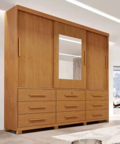 Roupeiro Casal Athenas Nature 3 Portas 9 Gavetas C/ Espelho e Pés 100% MDF Larg. 1.80m - Bianchi