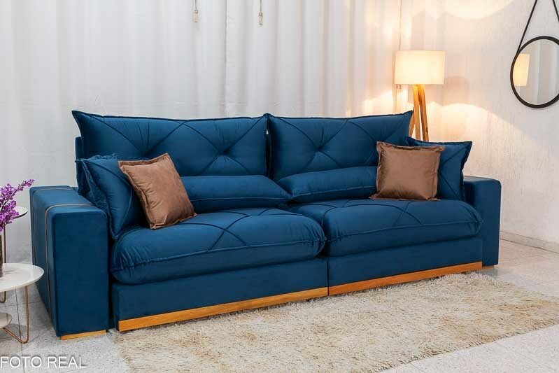 Sofá Retrátil Reclinável Gran Bello 2.90m Veludo Azul - Molas Ensacadas Pocket - Imagem 4