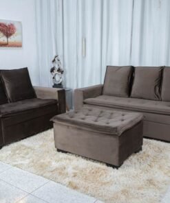 Sofá 3 e 2 lugares França com Puff Veludo Marrom A17