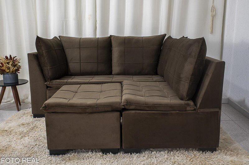 Sofá Canto 5 lugares com Puff Viena Veludo Marrom A17 - Imagem 6