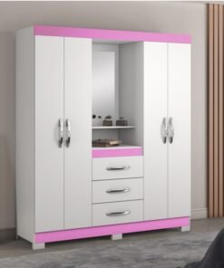 Roupeiro Solteiro NT 5015 Branco/Rosa 4 portas 3 Gavetas Flex C/Pés Larg. 1.61m - Notável