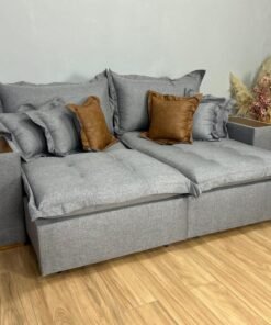 Sofá Retrátil Reclinável Gabriela 2,50m - Cinza Linho/Marrom Courino