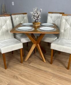 Mesa de Jantar Simpatia 0,90x0,90 Quadrada Com 4 cadeiras Jasmim - Cinamomo/Bege