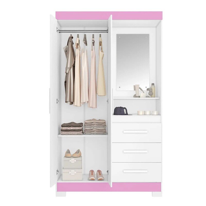 Roupeiro Solteiro NT 6020 Branco/Rosa 2 portas 3 Gavetas Flex C/Pés Larg. 1.08m - Notável - Imagem 2