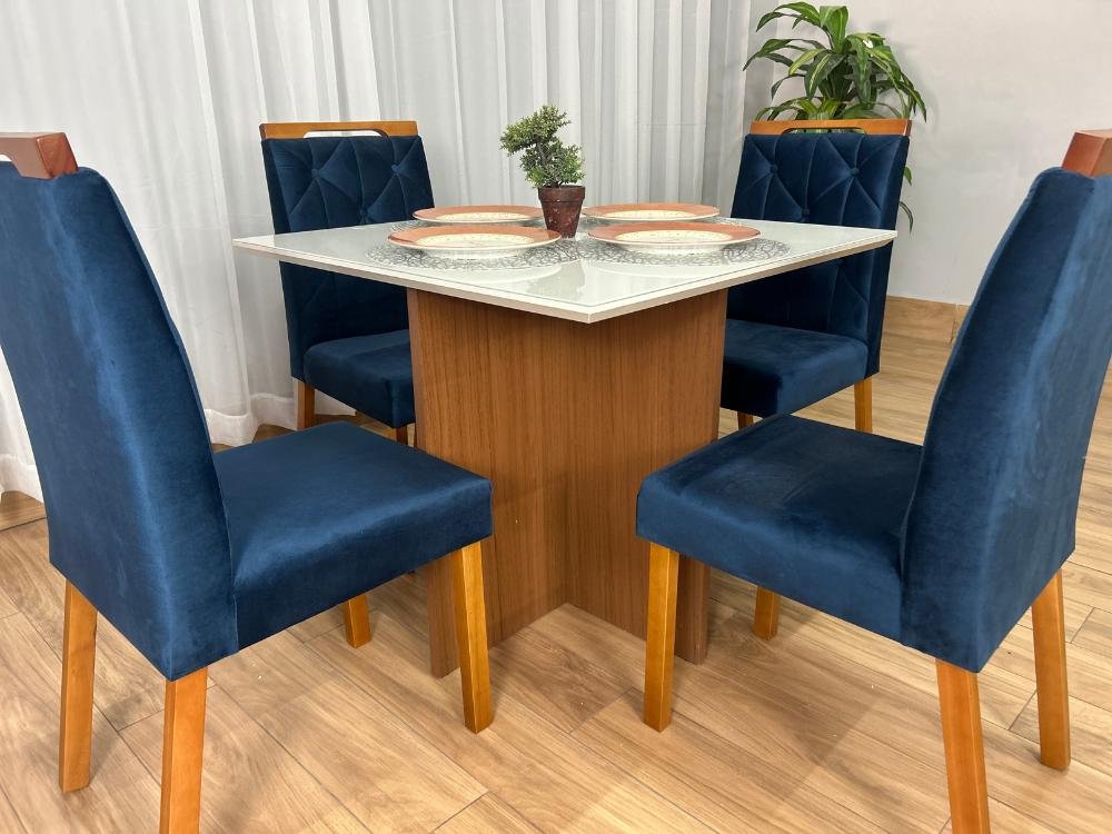 Mesa de Jantar Helo 0.90x0.90 Com 4 Cadeiras Jasmim - Mel/Off White/Azul Veludo - Imagem 9