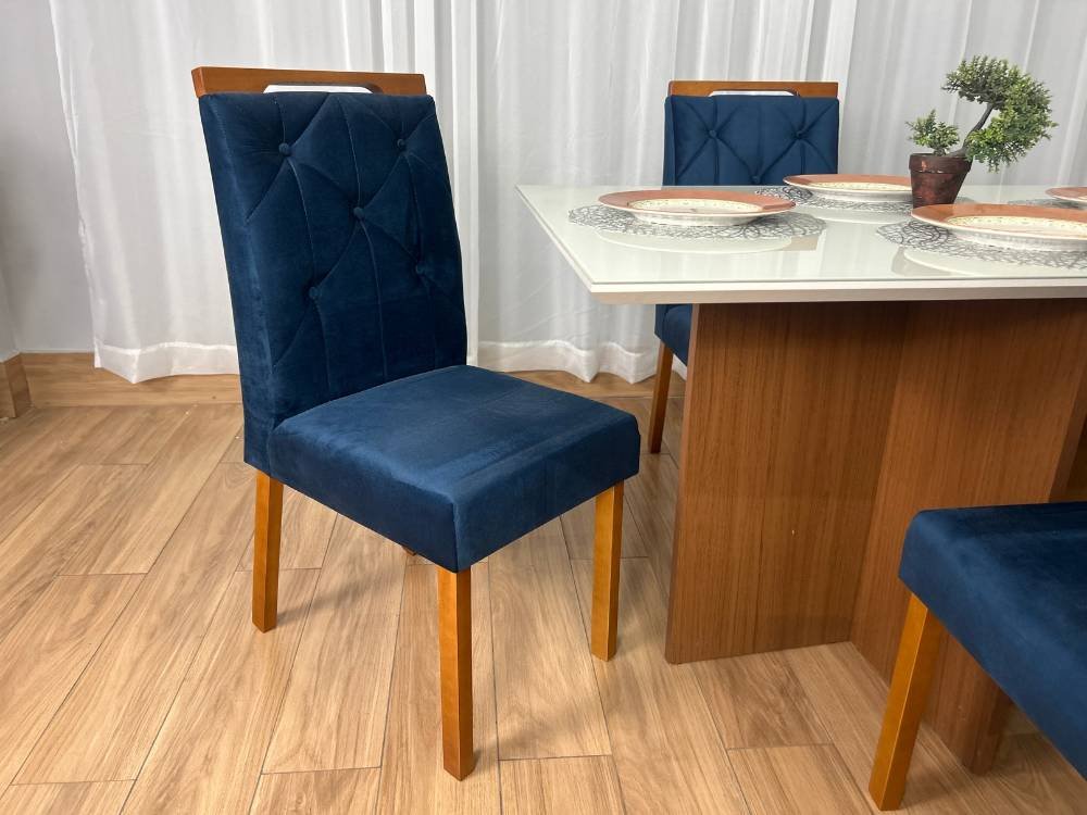 Mesa de Jantar Helo 1.20x0.80 Com 4 Cadeiras - Mel/Off White/Azul Veludo - Imagem 7