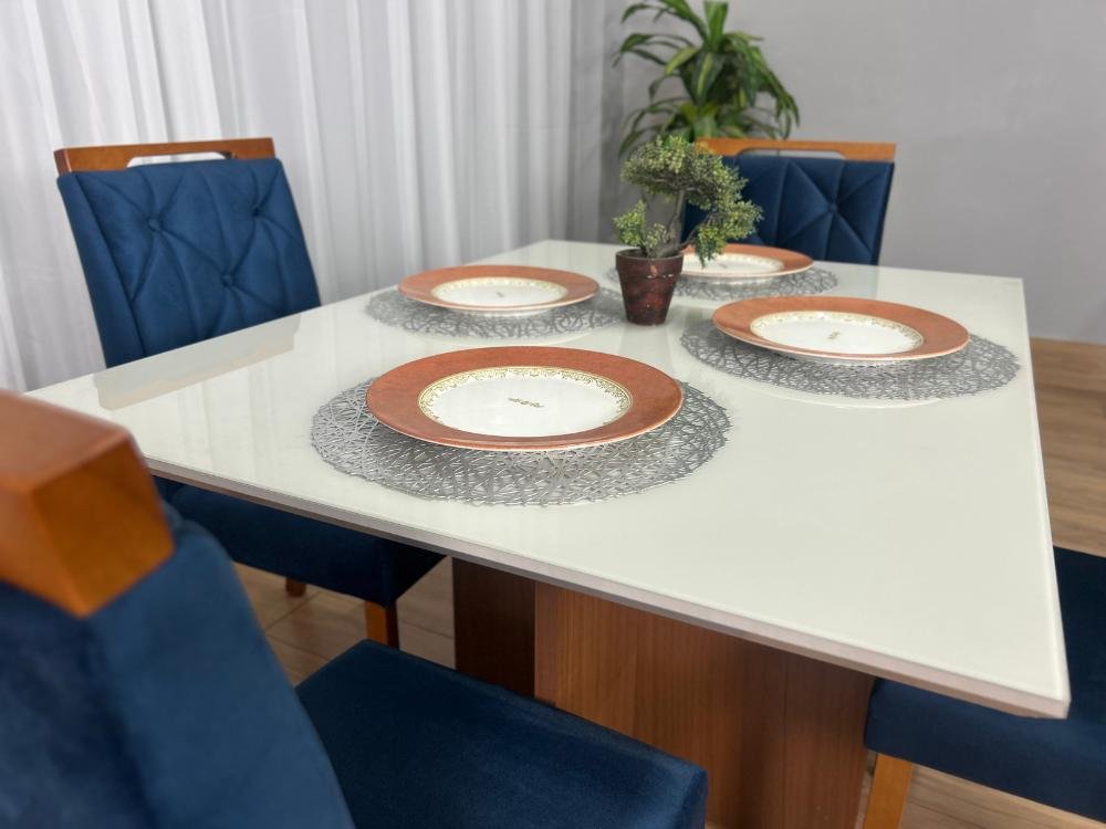 Mesa de Jantar Helo 0.90x0.90 Com 4 Cadeiras Jasmim - Mel/Off White/Azul Veludo - Imagem 3