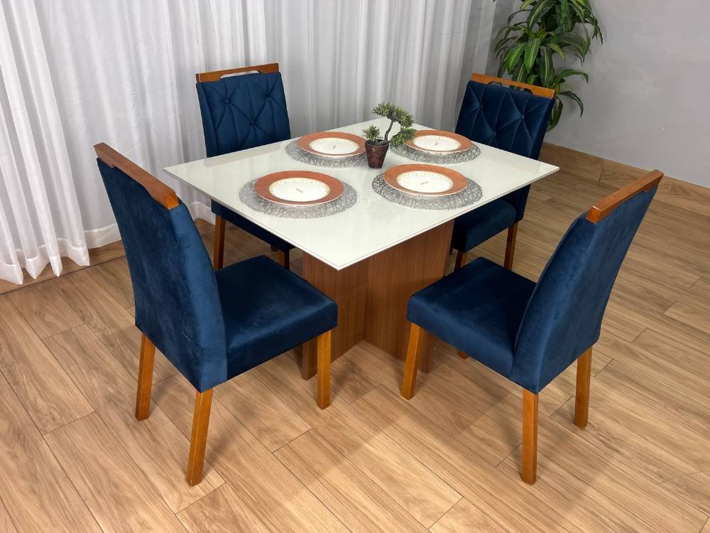 Mesa de Jantar Helo 1.20x0.80 Com 4 Cadeiras - Mel/Off White/Azul Veludo - Imagem 6