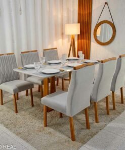 Mesa Pedro Mel Vidro OFF 160×80 6 Cadeiras Genova Veludo Prata 514 Madeira Maciça Art Assento - Entregue Montada