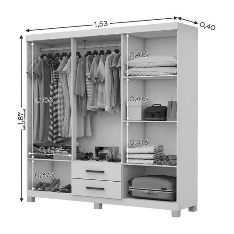 Roupeiro Solteiro Áries Branco 6 Portas 2 Gavetas C/Pés Larg. 1.53m - Carioca - Imagem 2