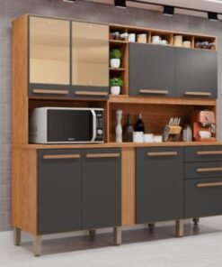 Armário Kit de Cozinha Antonella c/espelho 7 Portas 3 Gavetas - Cinamomo/Grafite