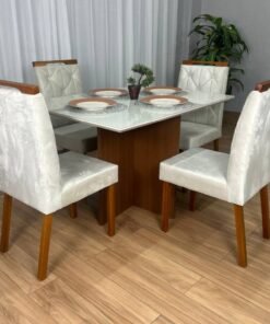 Mesa de Jantar Helo 1.20x0.80 Com 4 Cadeiras - Mel/Off White/Bege Veludo