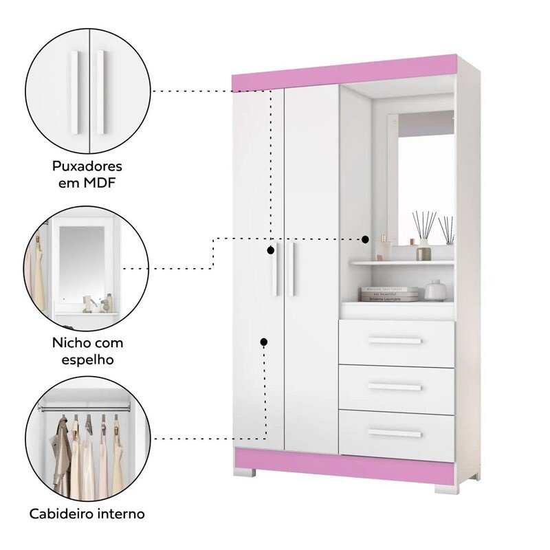 Roupeiro Solteiro NT 6020 Branco/Rosa 2 portas 3 Gavetas Flex C/Pés Larg. 1.08m - Notável - Imagem 3