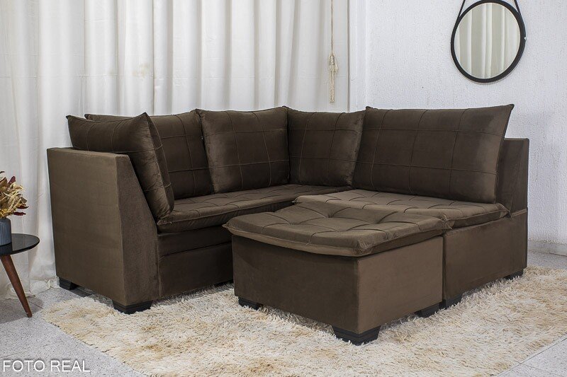 Sofá Canto 5 lugares com Puff Viena Veludo Marrom A17 - Imagem 5