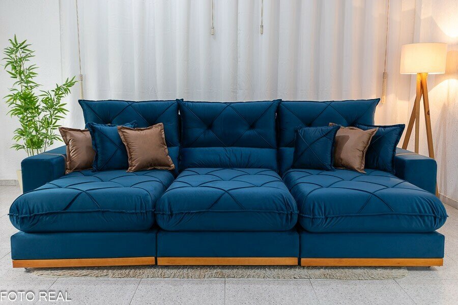 Sofá Retrátil Reclinável Gran Bello 3.20m Veludo Azul - Molas Ensacadas - Imagem 4