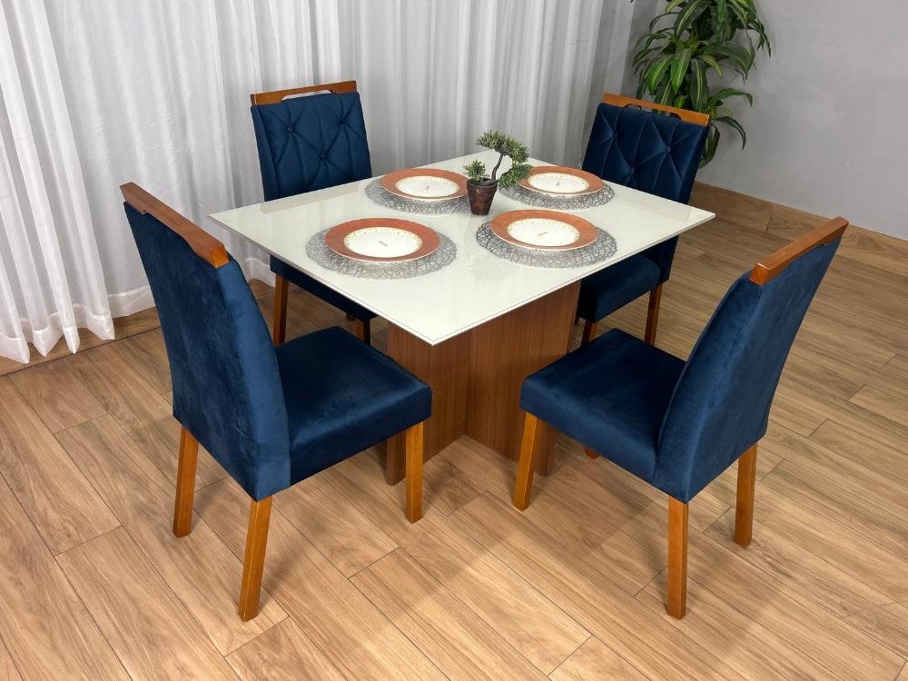 Mesa de Jantar Helo 0.90x0.90 Com 4 Cadeiras Jasmim - Mel/Off White/Azul Veludo - Imagem 4
