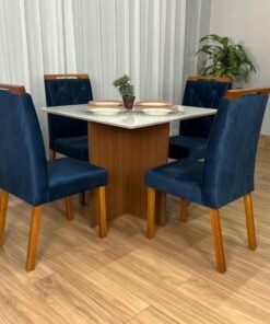 Mesa de Jantar Helo 0.90x0.90 Com 4 Cadeiras Jasmim - Mel/Off White/Azul Veludo