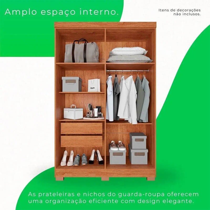 Roupeiro Solteiro Recife Cinamomo/Off 4 Portas 2 Gavetas C/Pés Larg. 1.21m - Sallêto - Imagem 4