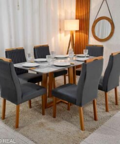 Mesa Pedro Mel Vidro OFF 160×80 6 Cadeiras Genova Veludo Cinza 507 Madeira Maciça Art Assento - Entregue Montada