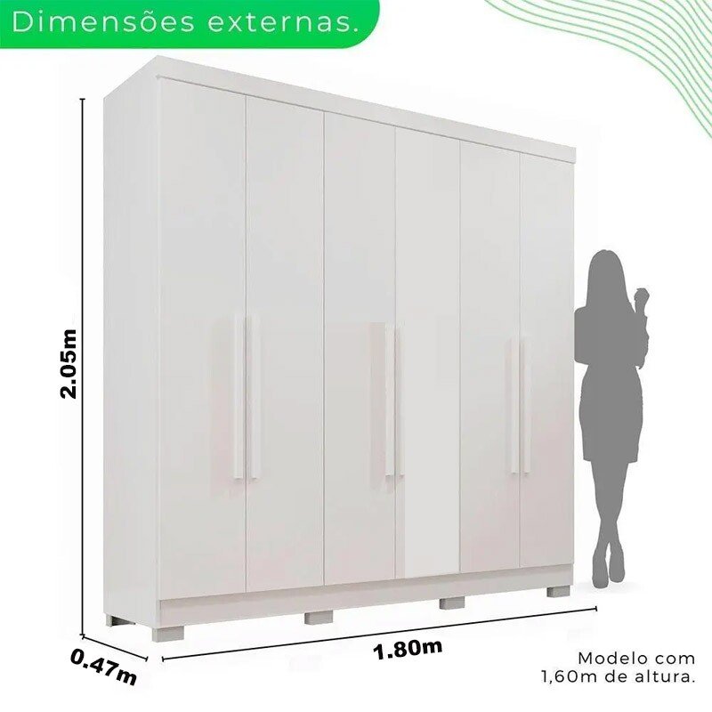 Roupeiro Casal Recife Branco 6 Portas C/Pés Larg. 1.80m - Sallêto - Imagem 4