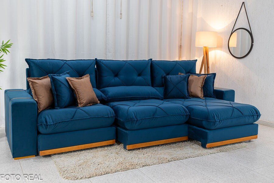 Sofá Retrátil Reclinável Gran Bello 3.20m Veludo Azul - Molas Ensacadas - Imagem 2