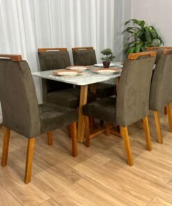 Mesa de Jantar Bali 1.60×0.80 Com 6 Cadeiras Isa – Cinamomo/Off White/Marrom Veludo