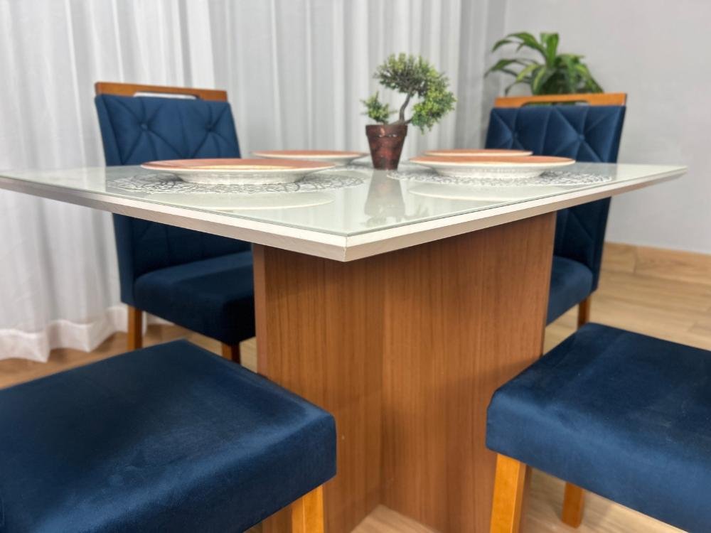 Mesa de Jantar Helo 0.90x0.90 Com 4 Cadeiras Jasmim - Mel/Off White/Azul Veludo - Imagem 2
