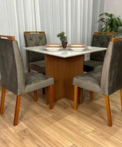 Mesa de Jantar Helo 0.90x0.90 Com 4 Cadeiras Jasmim - Mel/Off White/Marrom Veludo