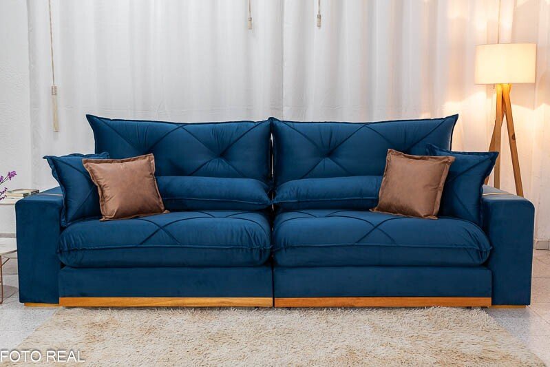 Sofá Retrátil Reclinável Gran Bello 2.90m Veludo Azul - Molas Ensacadas Pocket - Imagem 5