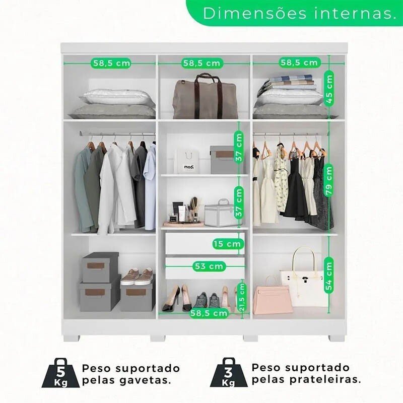 Roupeiro Casal Recife Branco 6 Portas C/Pés Larg. 1.80m - Sallêto - Imagem 3