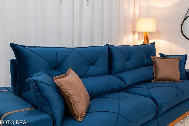 Sofá Retrátil Reclinável Gran Bello 2.90m Veludo Azul - Molas Ensacadas Pocket - Imagem 6