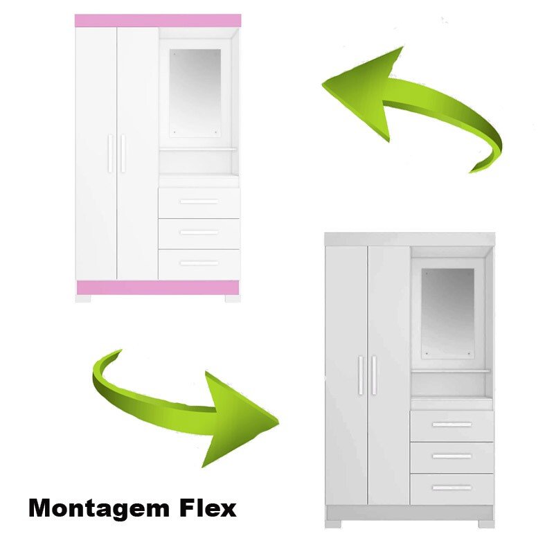 Roupeiro Solteiro NT 6020 Branco/Rosa 2 portas 3 Gavetas Flex C/Pés Larg. 1.08m - Notável - Imagem 6