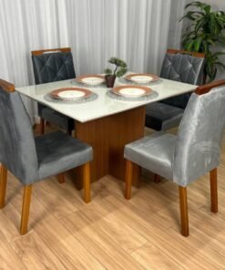 Mesa de Jantar los angeles 1.20x0.80 Com 4 Cadeiras Jasmim - Mel/Off White/Cinza Veludo