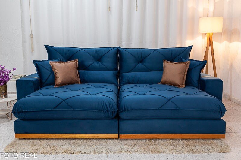 Sofá Retrátil Reclinável Gran Bello 2.90m Veludo Azul - Molas Ensacadas Pocket - Imagem 2