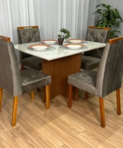 Mesa de Jantar Helo 1.20x0.80 Com 4 Cadeiras - Mel/Off White/Marrom Veludo