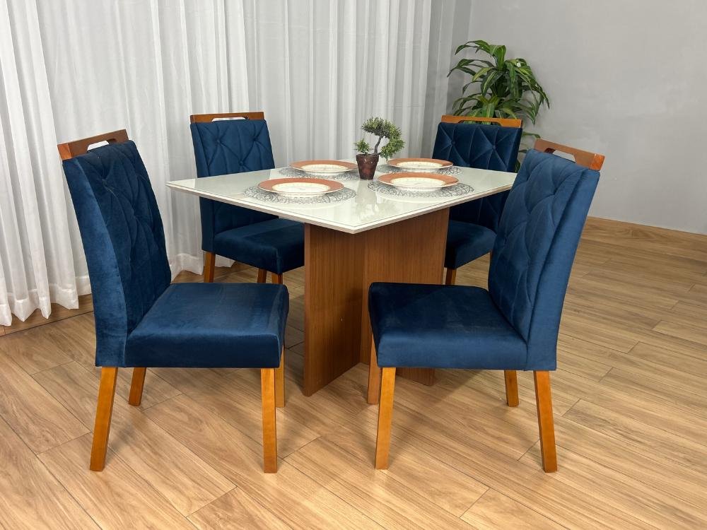 Mesa de Jantar Helo 0.90x0.90 Com 4 Cadeiras Jasmim - Mel/Off White/Azul Veludo - Imagem 6