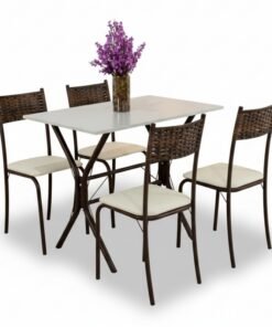 Mesa Atlanta Base Cabo Frio Marrom Tampo Off Pedra 100x60 4 Cadeiras Assento Creme - Teixeira