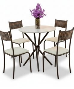 Mesa Atlanta Base Ipanema Marrom Tampo Redondo Pedra Off 75x75 4 Cadeiras Assento Creme - Teixeira