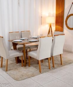 Mesa de Jantar Dubai Tampo Londres Cinamomo 160x80 6 Cadeiras Lisboa Veludo Bege 512 Madeira Maciça