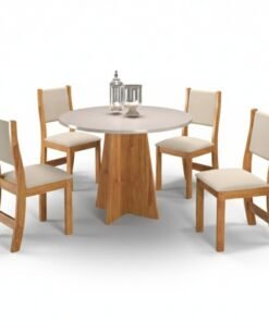 Mesa de Jantar Flipp Redonda 90cm Off White 4 Cad. Sol Assento Veludo Bronze - Viero