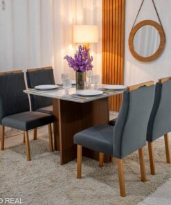 Mesa de Jantar Helo 90×90 Tampo MDF Vidro Off 4 Cad. Lisboa Veludo Cinza 507 Madeira Maciça