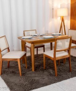 Mesa de Jantar Londrina 120x80 Cinamomo Rufato + 4 Cad. Dubai Linho Bege 629 Madeira - Art Assento