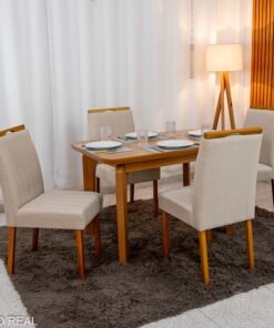 Mesa de Jantar Londrina 120x80 Cinamomo Rufato + 4 Cad. Isabela Linho Bege 01 Madeira - KM Decor